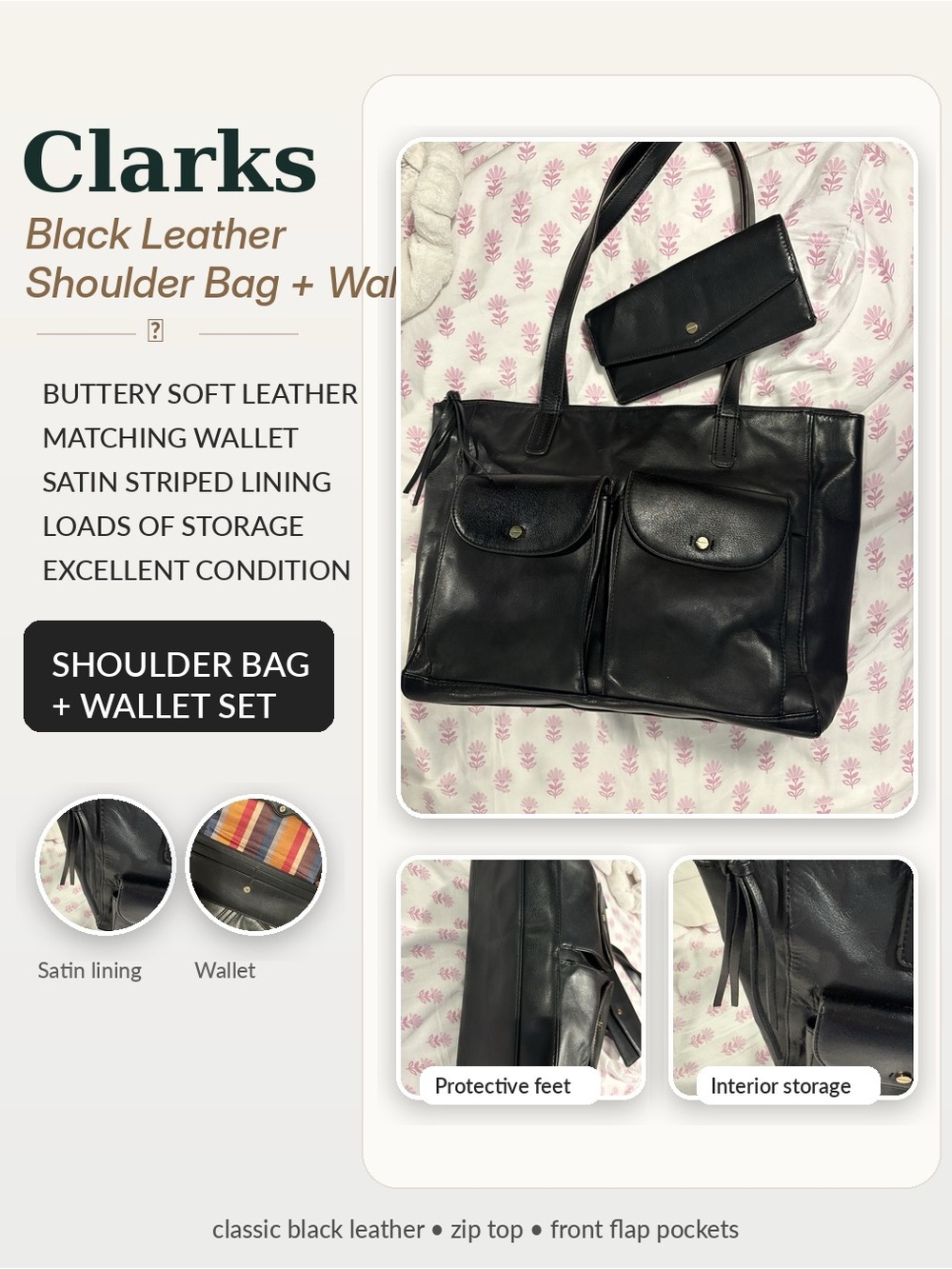 Clarks Black Leather Tote with Matching Wallet
